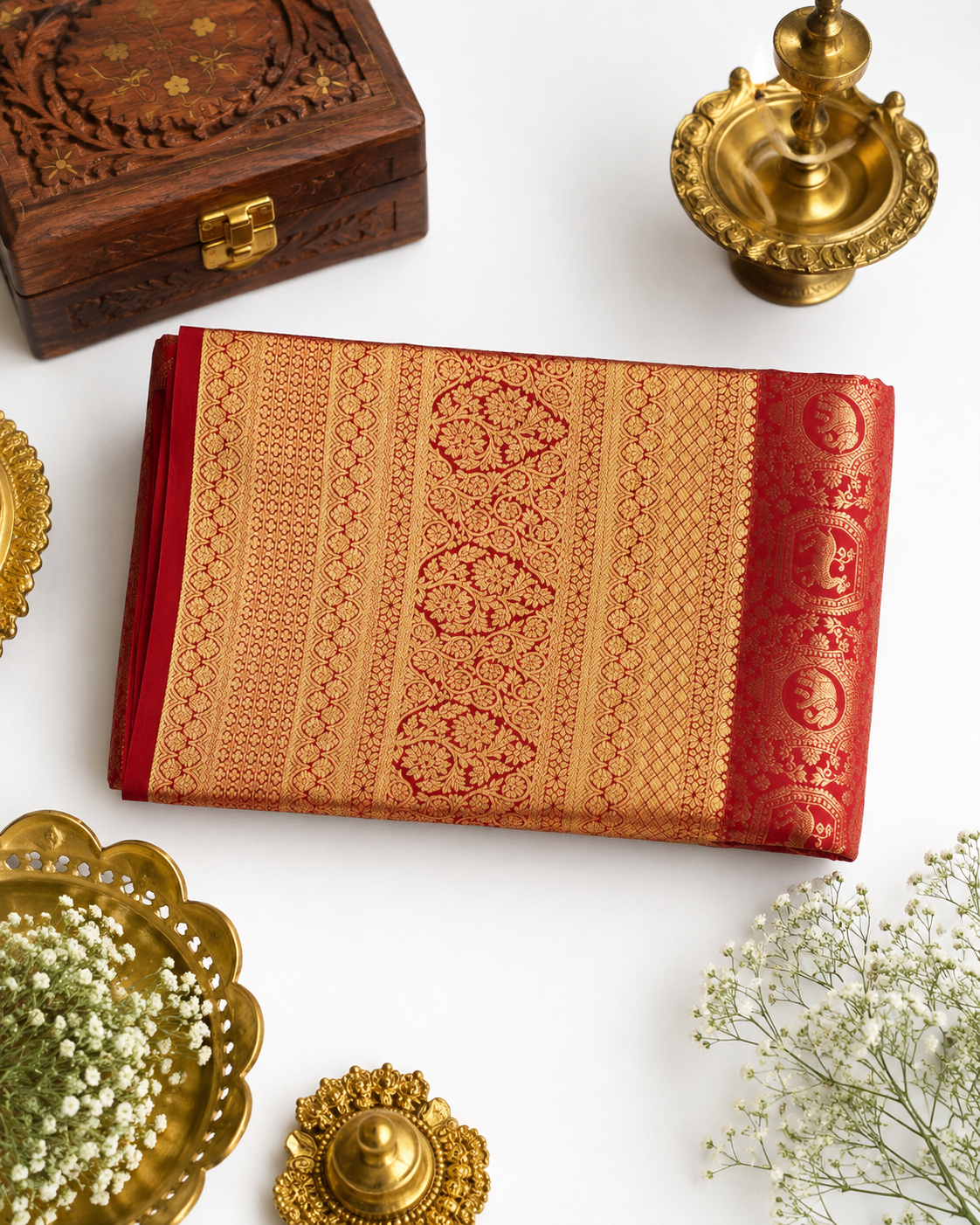 Classic red Kanjivaram pure silk saree with gold zari — close-up detail 2 — Vasthara Boutique