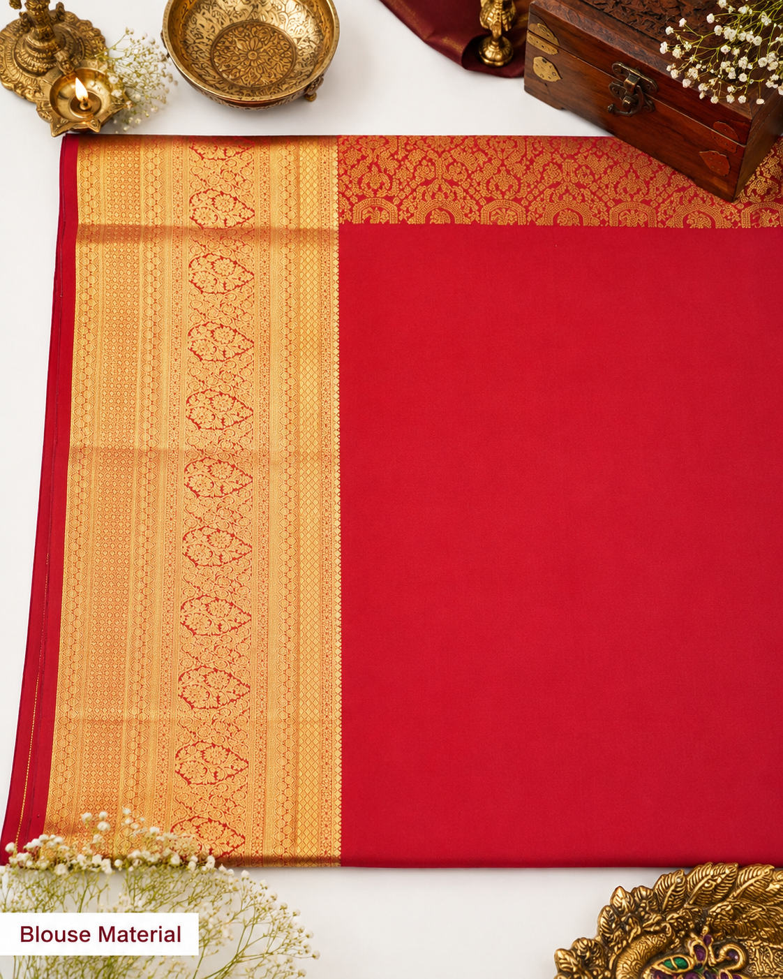 Classic red Kanjivaram pure silk saree with gold zari — close-up detail 3 — Vasthara Boutique
