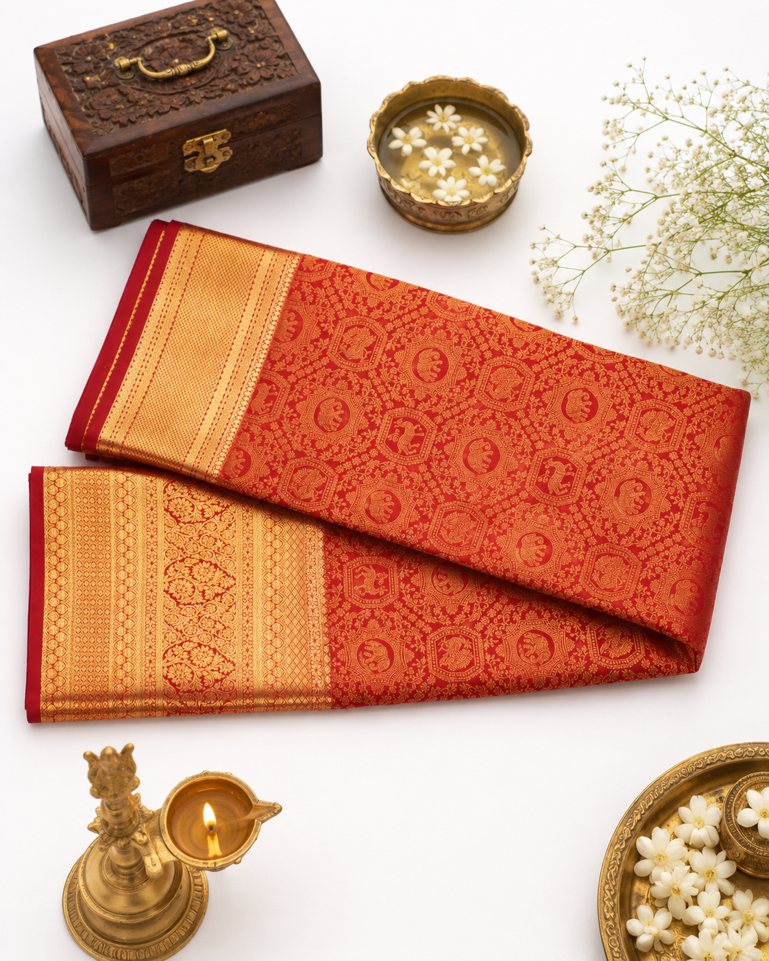 Classic red Kanjivaram pure silk saree with gold zari — close-up detail 4 — Vasthara Boutique