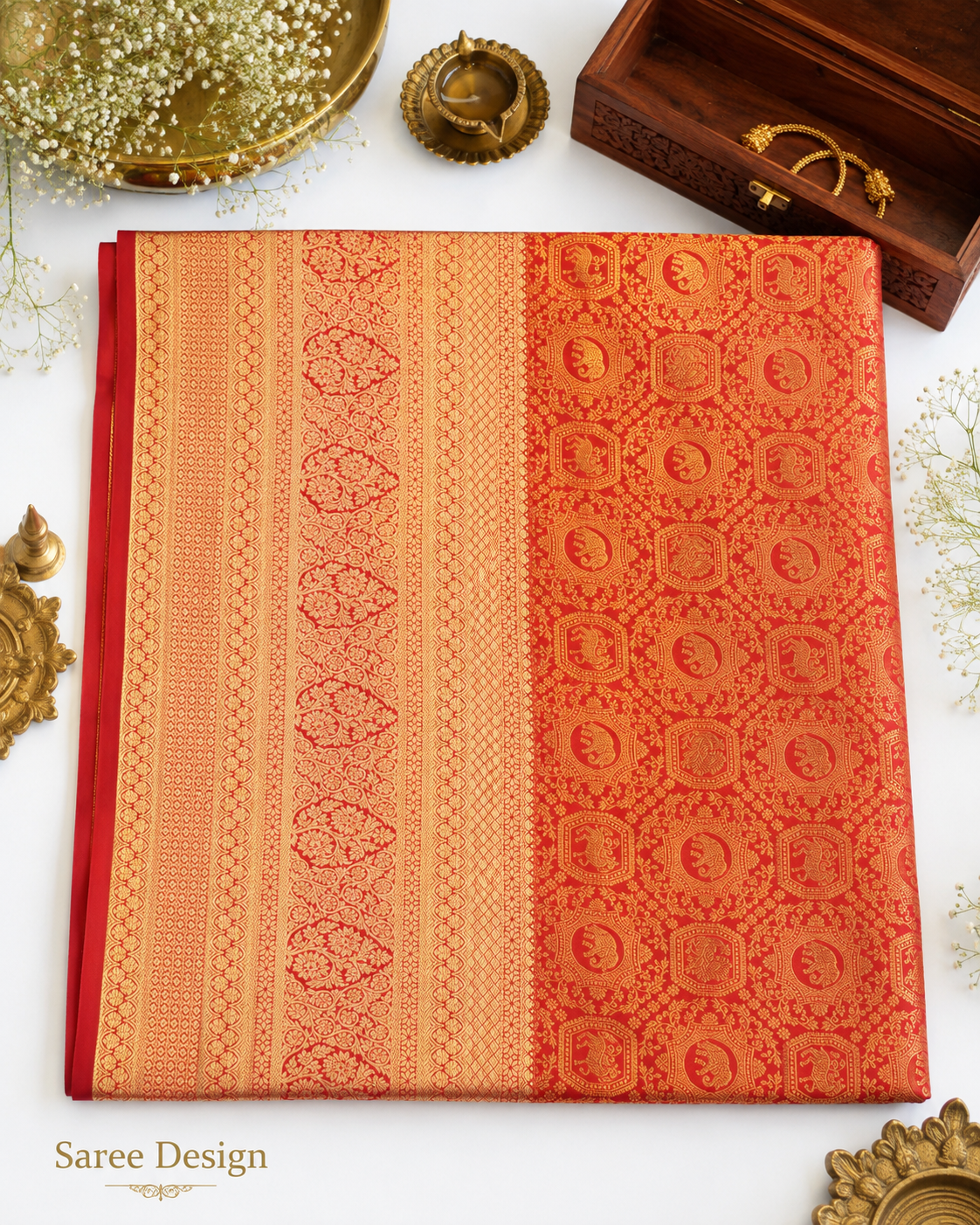 Classic red Kanjivaram pure silk saree with gold zari — close-up detail 5 — Vasthara Boutique