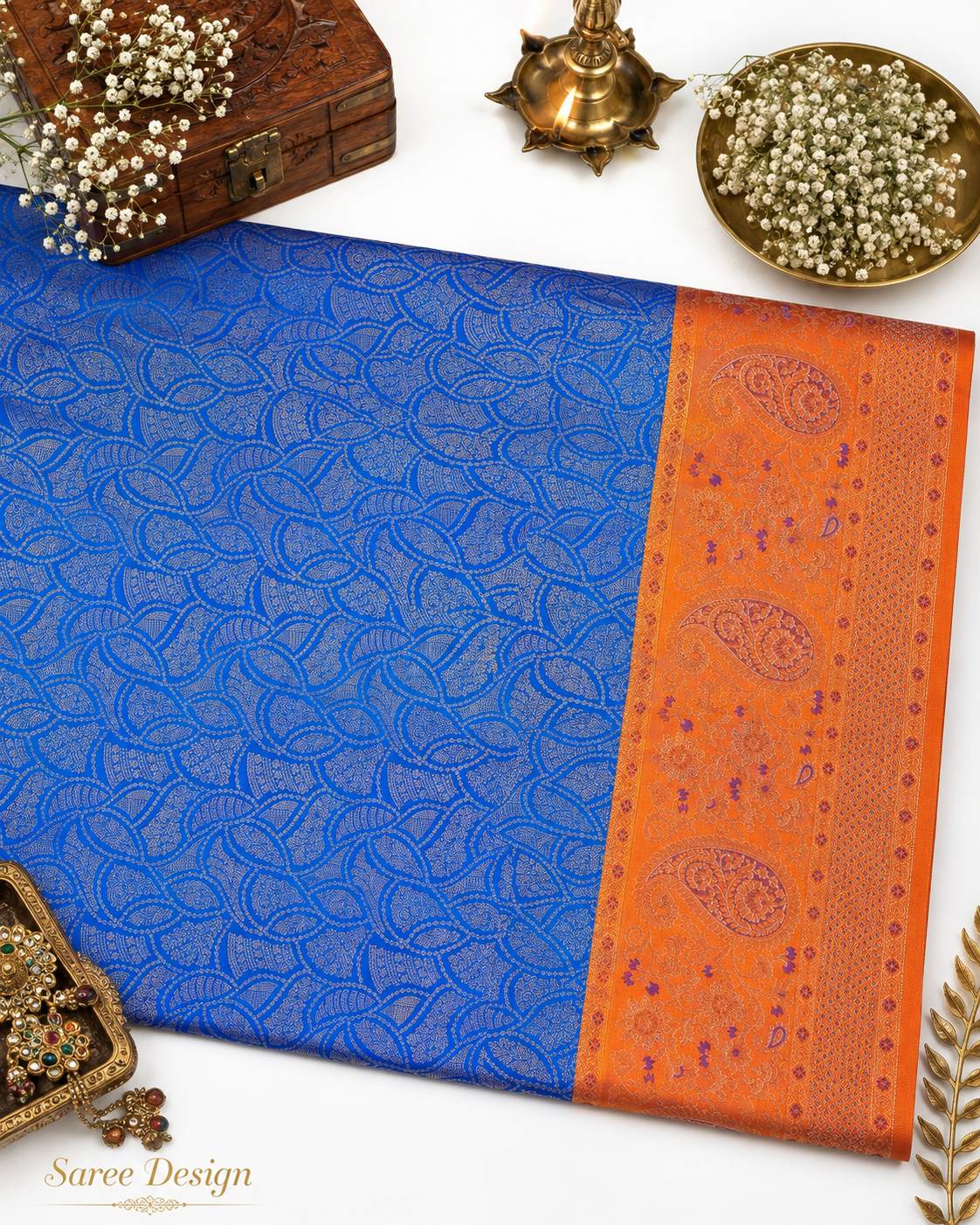 Cobalt blue Kanjivaram pure silk saree with gold zari — close-up detail 2 — Vasthara Boutique