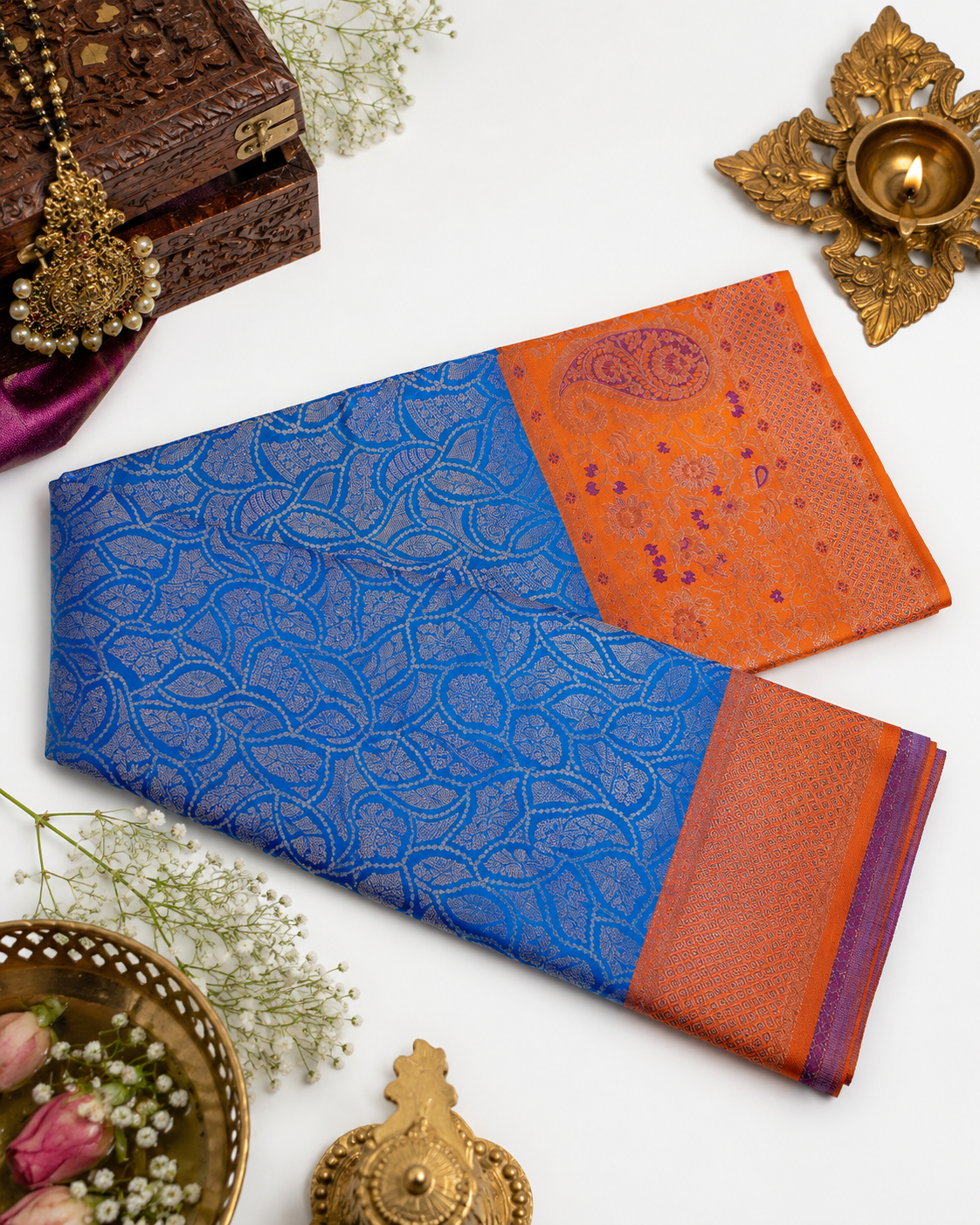 Cobalt blue Kanjivaram pure silk saree with gold zari — close-up detail 4 — Vasthara Boutique