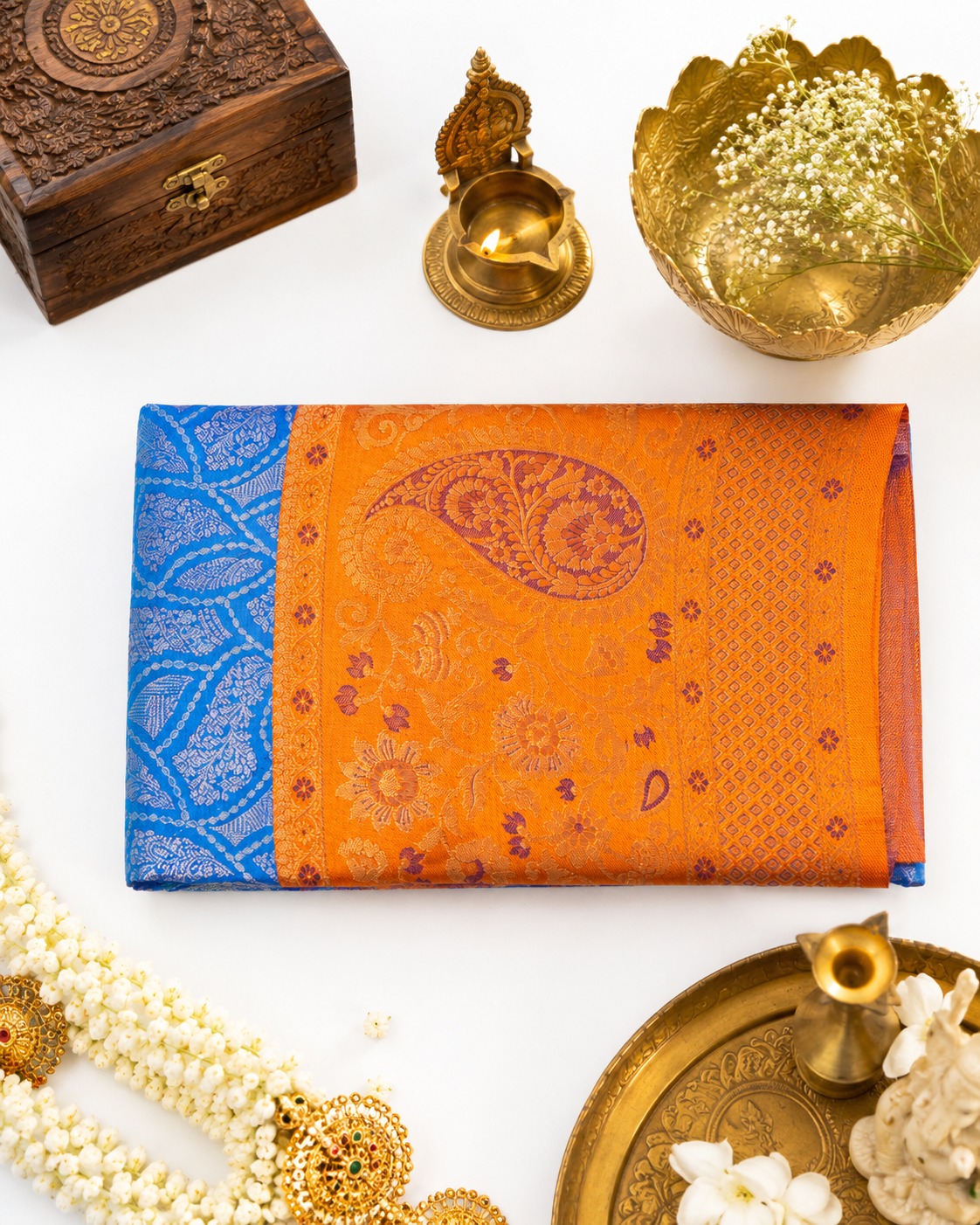 Cobalt blue Kanjivaram pure silk saree with gold zari — close-up detail 5 — Vasthara Boutique