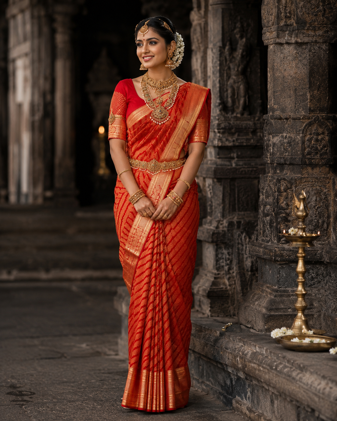 Coral red Kanjivaram silk saree with gold zari border, draped on model — Coral Red Kanjivaram Silk Saree, Vasthara Boutique