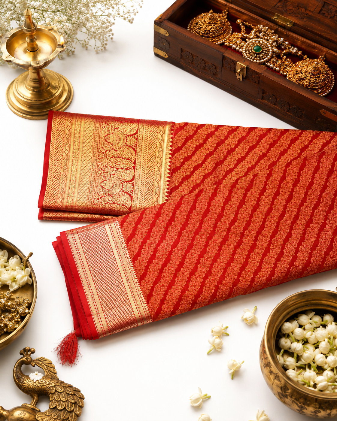 Coral red Kanjivaram pure silk saree with gold zari — close-up detail 2 — Vasthara Boutique