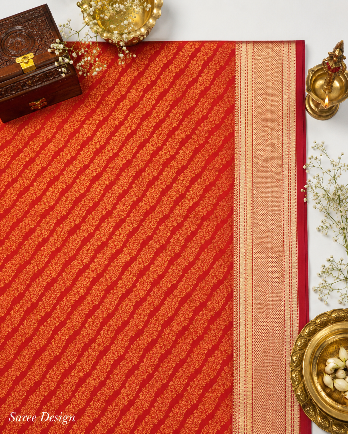Coral red Kanjivaram pure silk saree with gold zari — close-up detail 3 — Vasthara Boutique