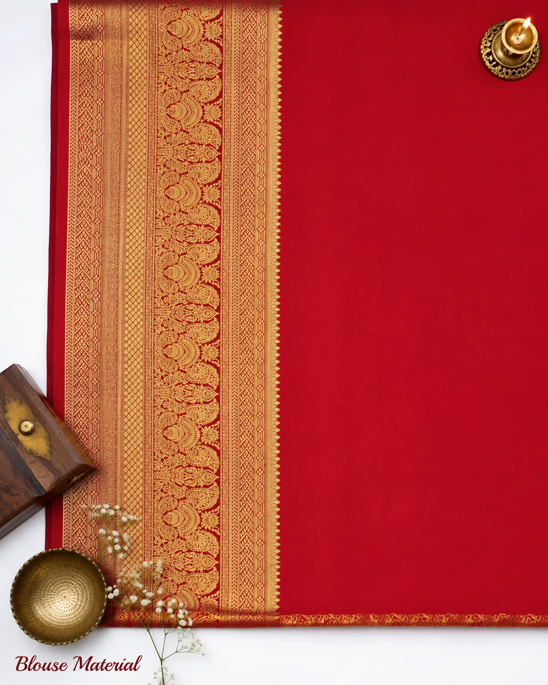 Coral red Kanjivaram pure silk saree with gold zari — close-up detail 4 — Vasthara Boutique
