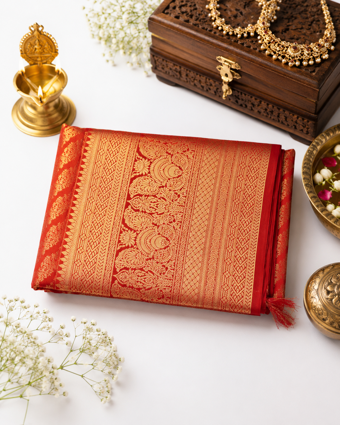 Coral red Kanjivaram pure silk saree with gold zari — close-up detail 5 — Vasthara Boutique
