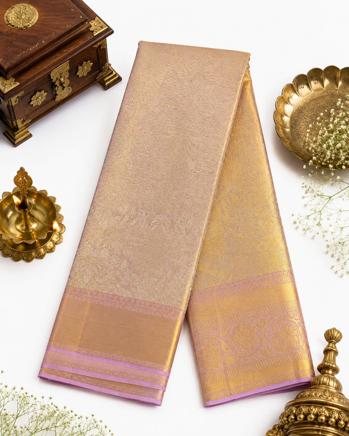 Beige saree with pink border on a white background with decorative items.