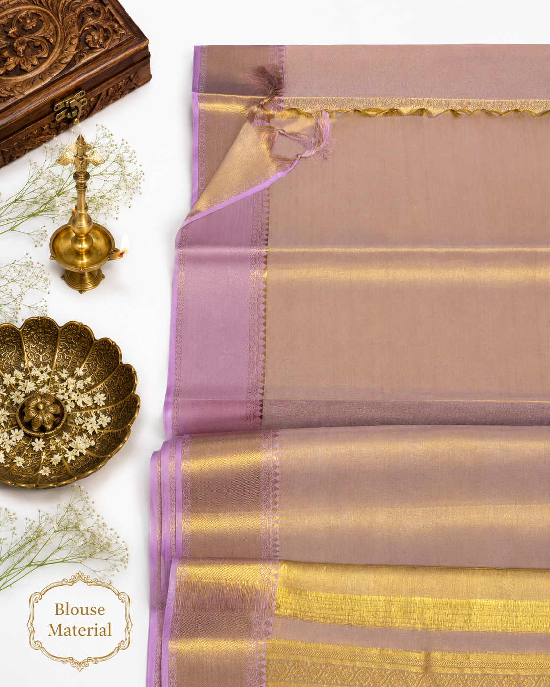 Beige saree with gold border on a white background