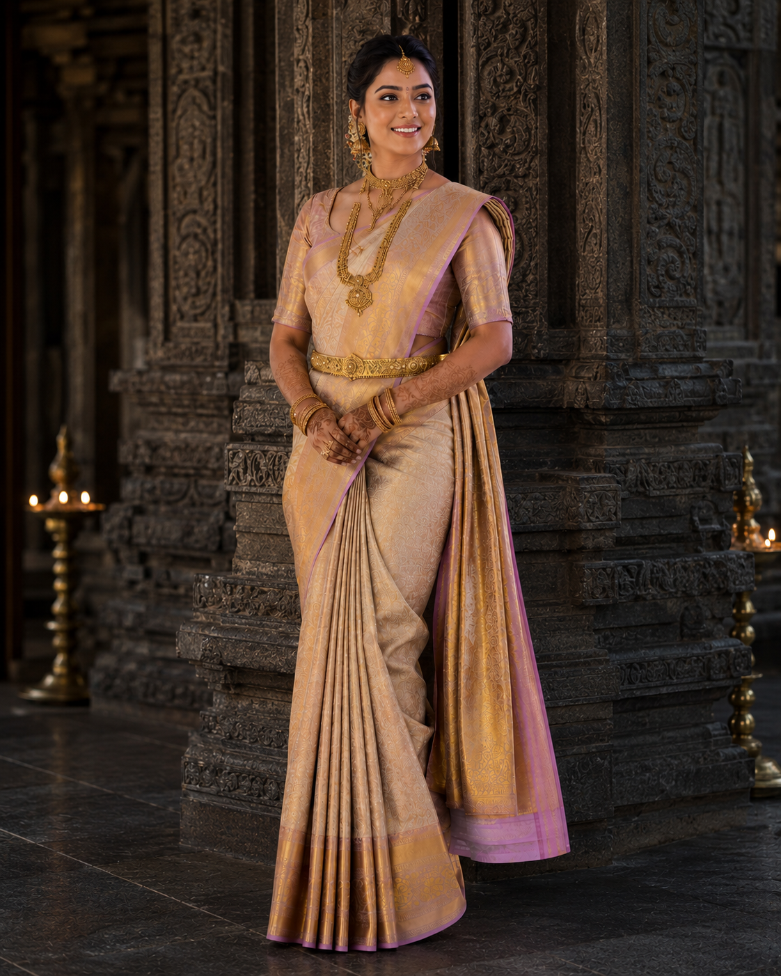 Woman in a traditional saree standing in front of an ornate architectural background