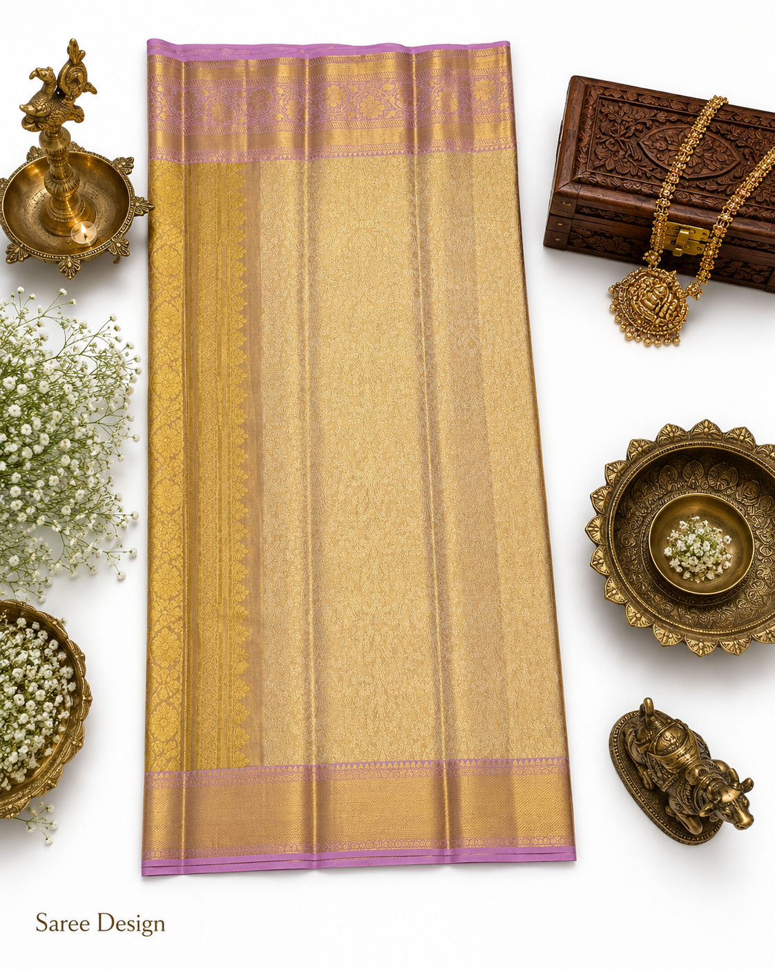 Gold saree with pink border on a white background with decorative items.