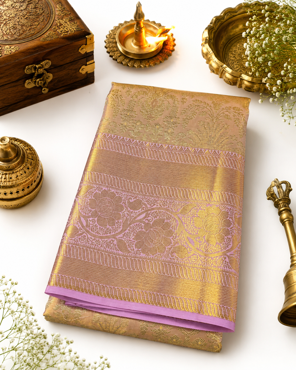 Gold and pink saree with decorative items on a white background
