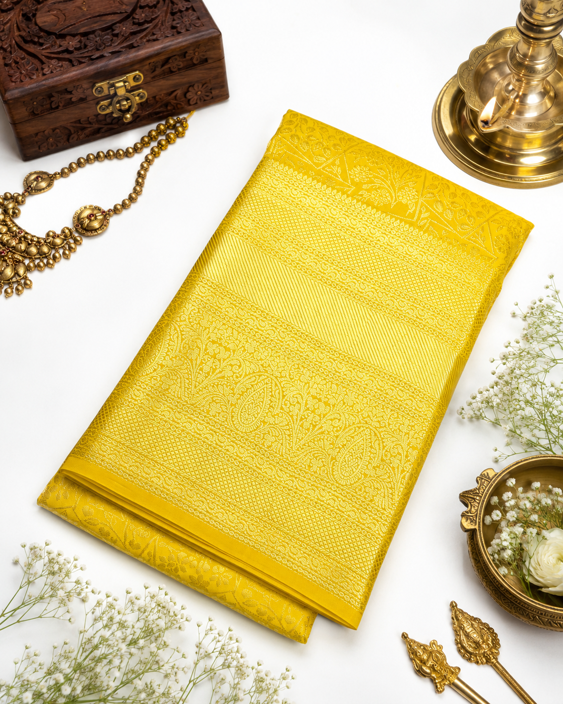 Yellow textured saree with decorative elements on a white background