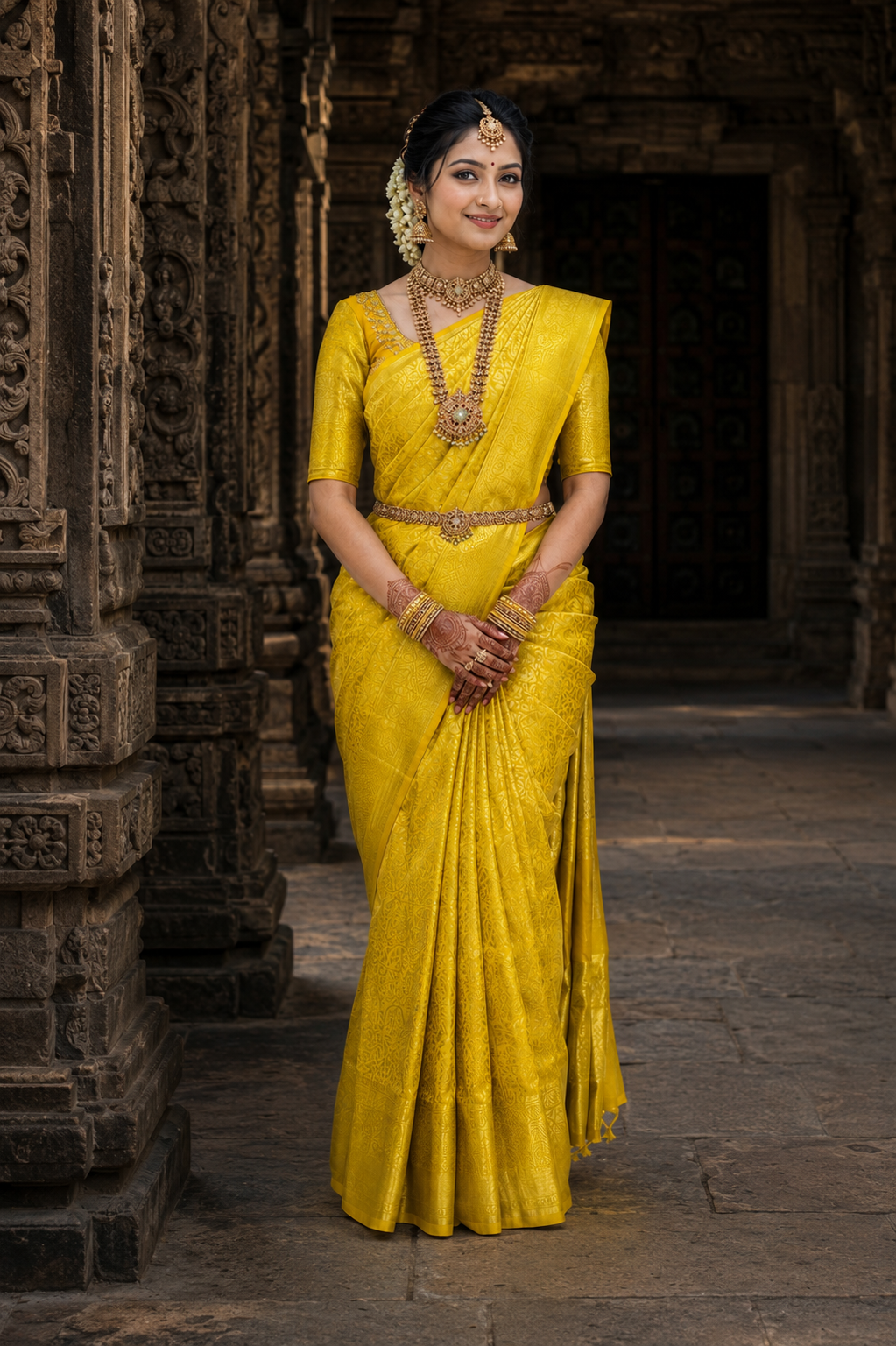 Woman in a yellow saree standing in front of an architectural background