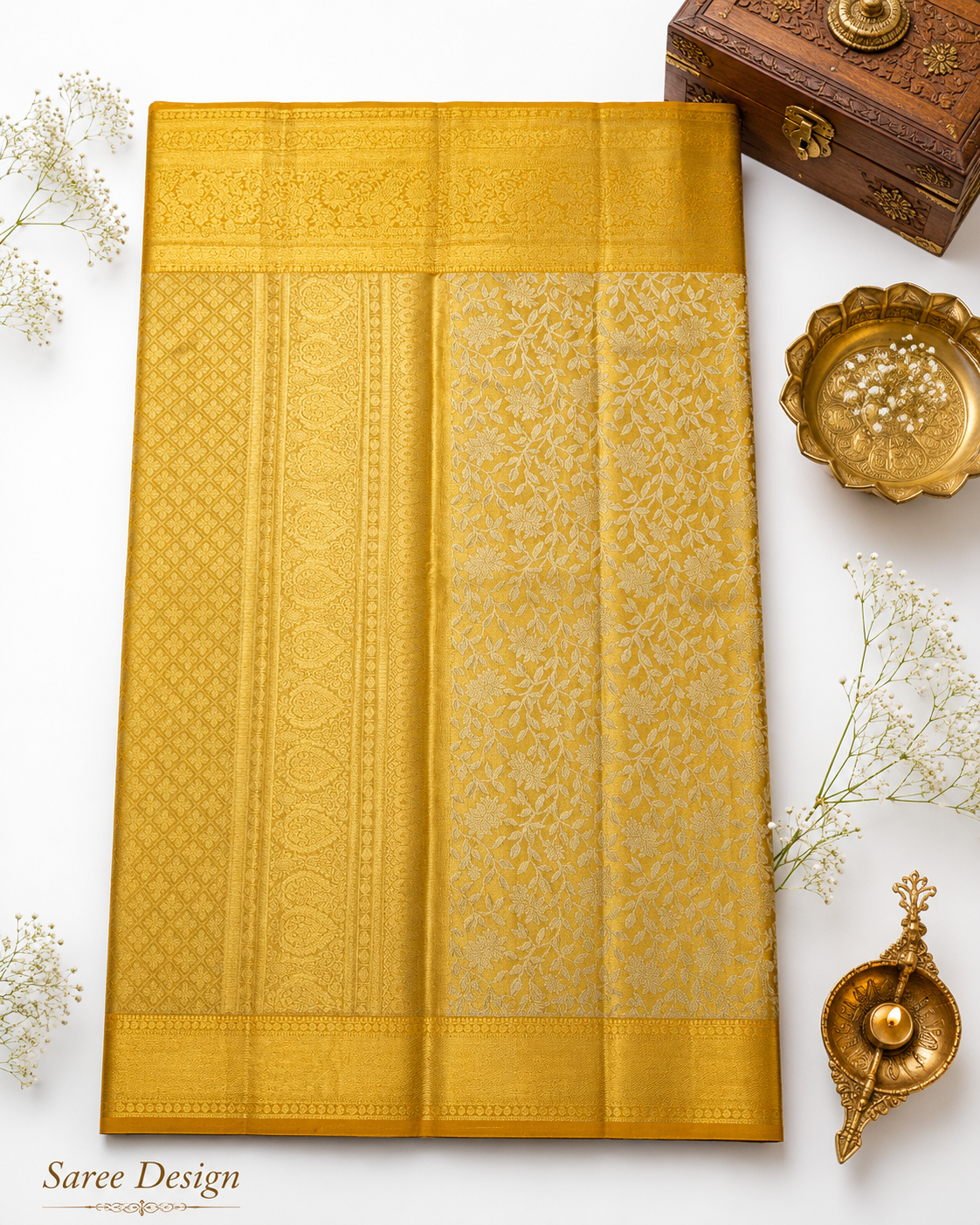 Yellow saree with intricate patterns on a white background