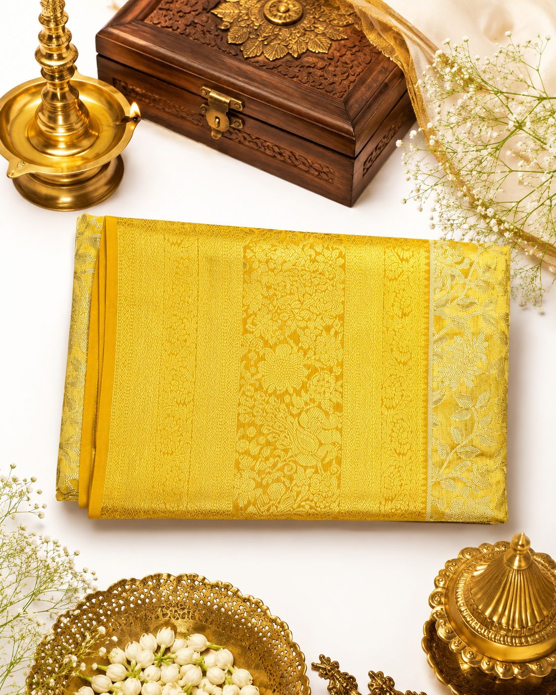 Decorative yellow fabric with intricate patterns, surrounded by gold and wooden items on a white background.