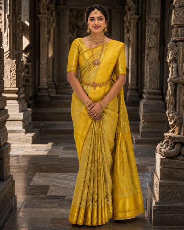 Woman in a yellow saree standing in an architectural setting