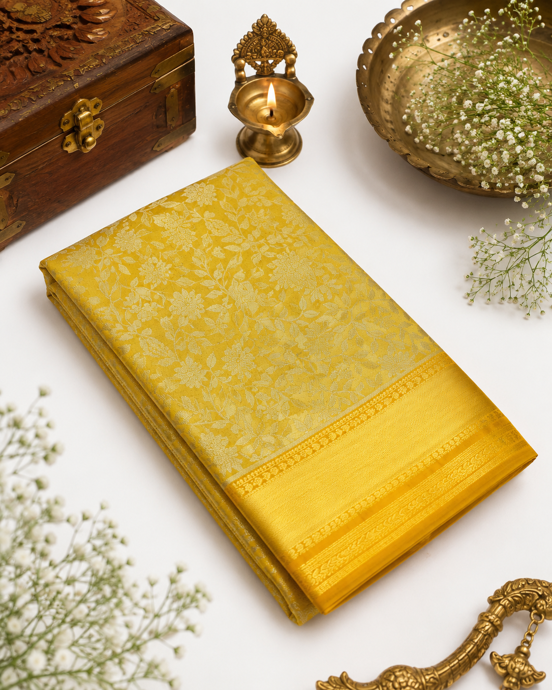 Yellow saree with intricate patterns on a white surface with decorative items.