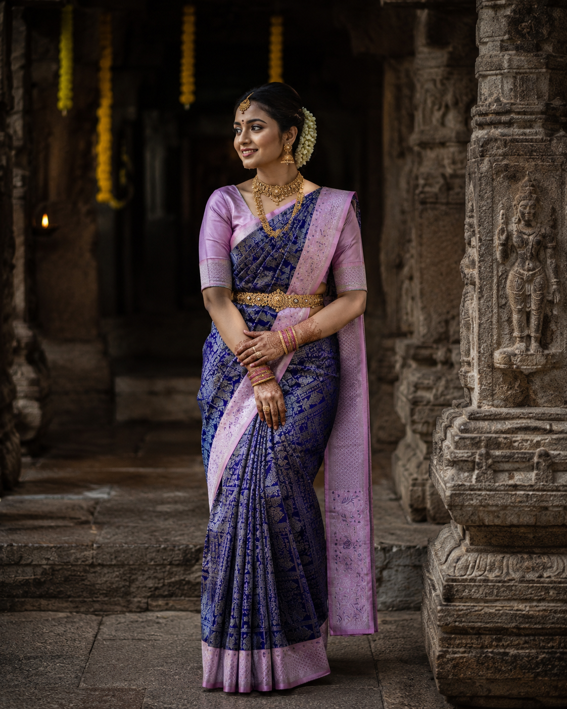 Indigo blue Kanjivaram silk saree with lavender border and gold zari, draped on model — Indigo Kanjivaram Silk Saree, Vasthara Boutique