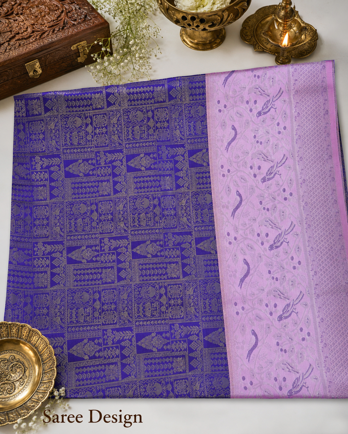 Indigo blue Kanjivaram pure silk saree with gold zari — close-up detail 3 — Vasthara Boutique
