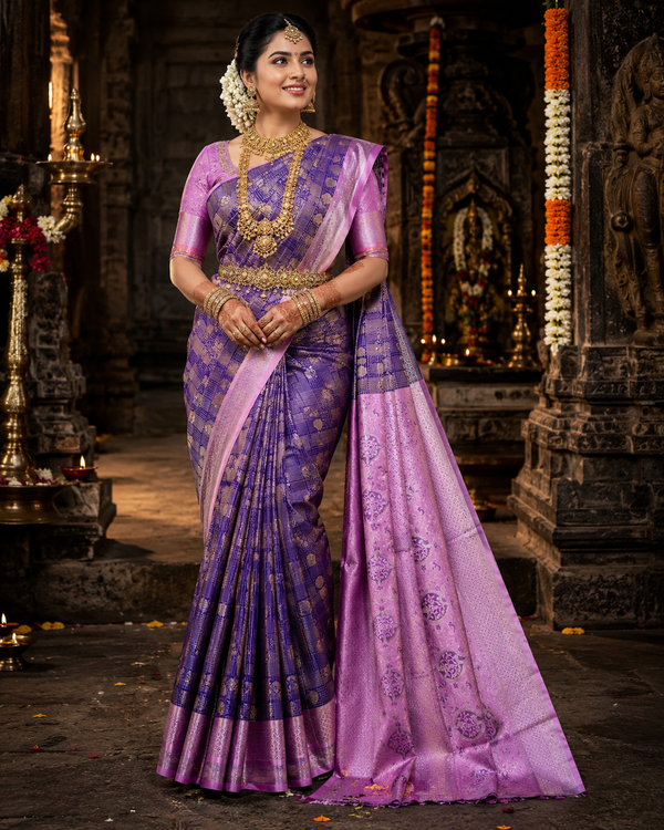 Lavender Kanjivaram silk saree with purple border and gold zari, draped on model — Lavender Kanjivaram Silk Saree, Vasthara Boutique