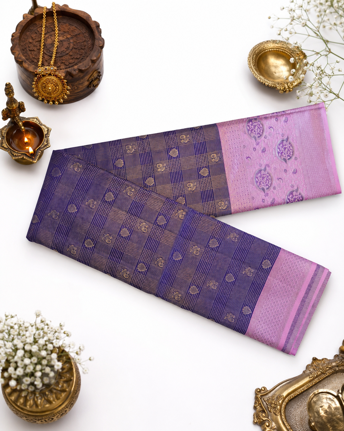 Lavender Kanjivaram pure silk saree with gold zari — close-up detail 4 — Vasthara Boutique