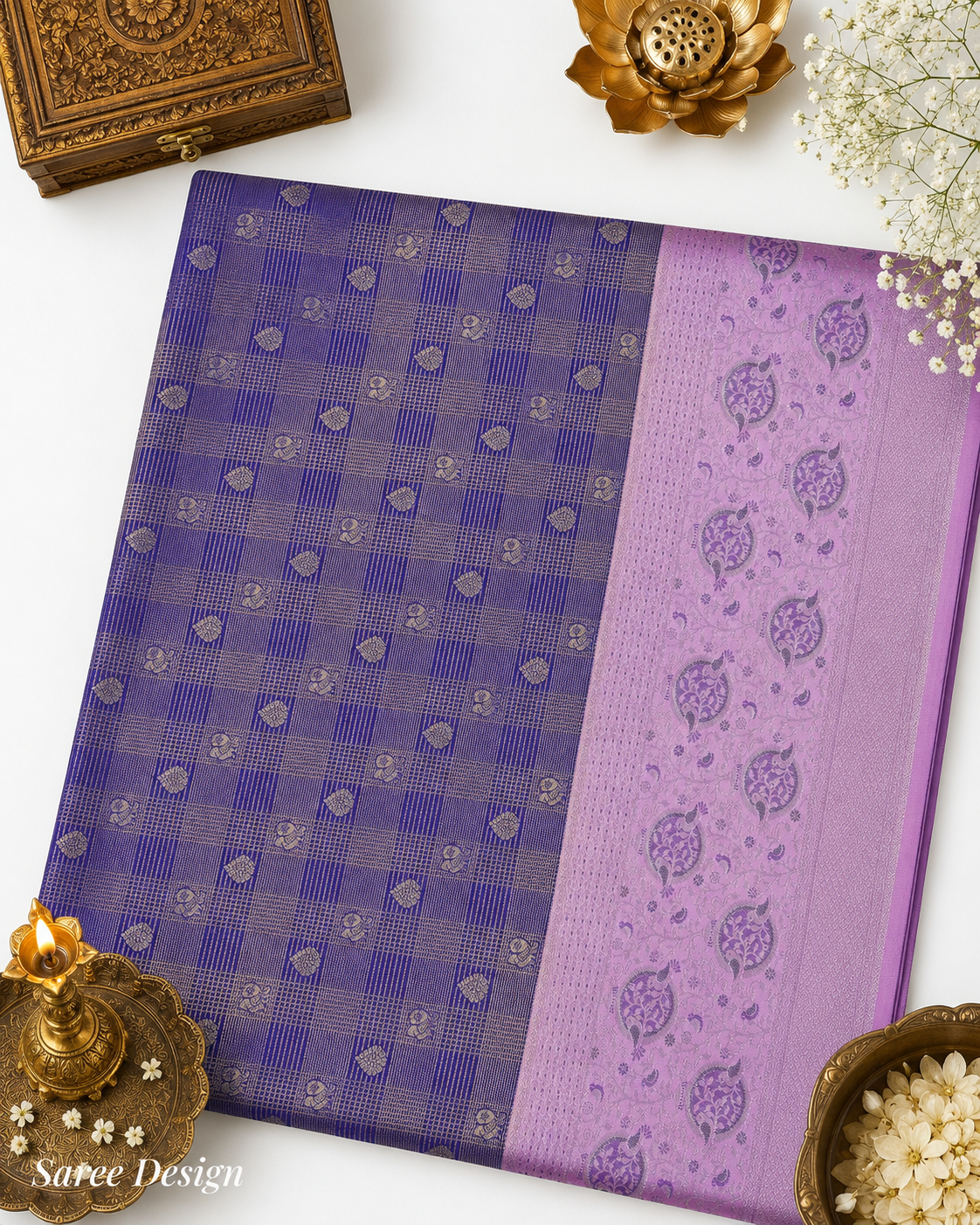 Lavender Kanjivaram pure silk saree with gold zari — close-up detail 5 — Vasthara Boutique