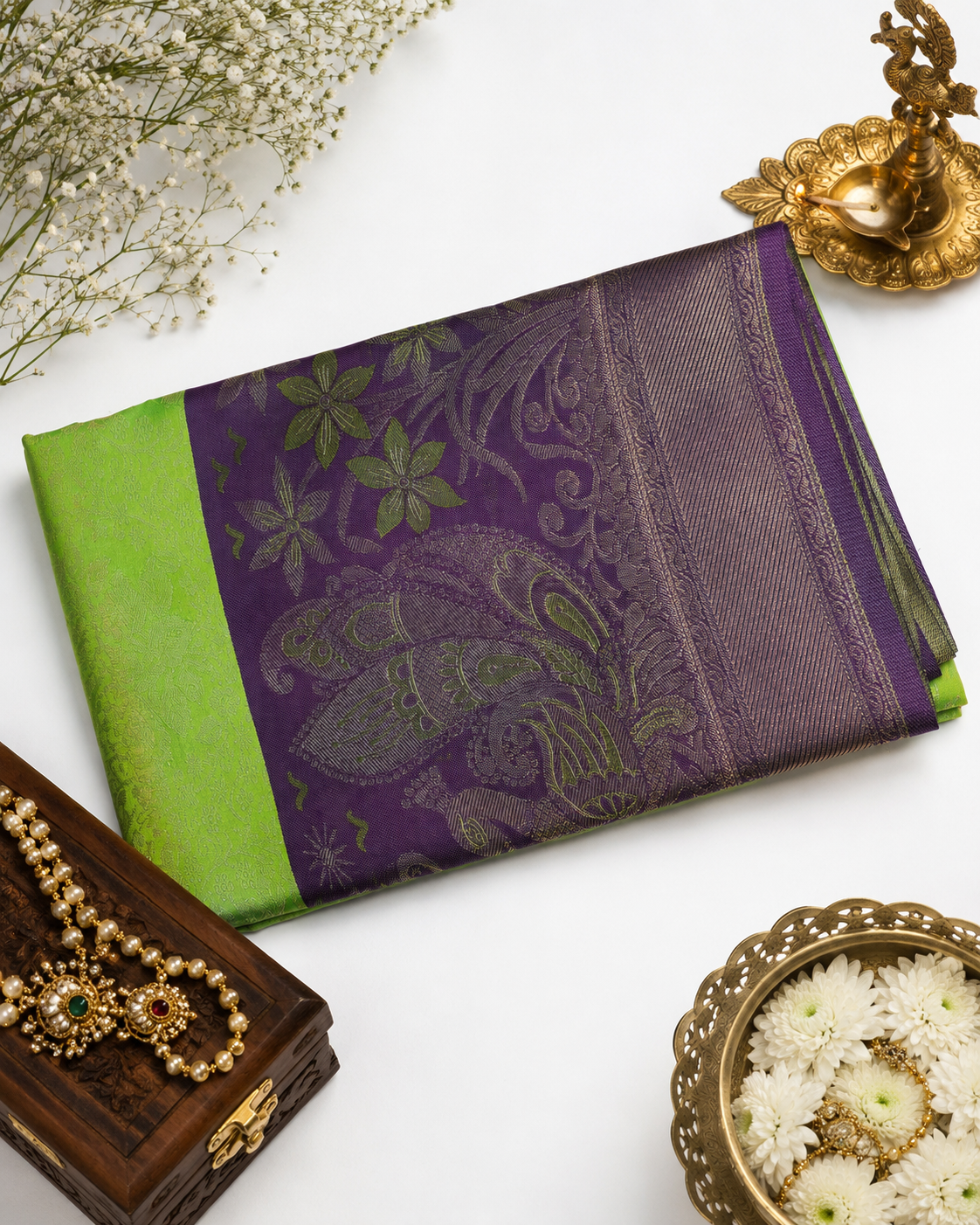Leaf green Kanjivaram pure silk saree with gold zari — close-up detail 2 — Vasthara Boutique
