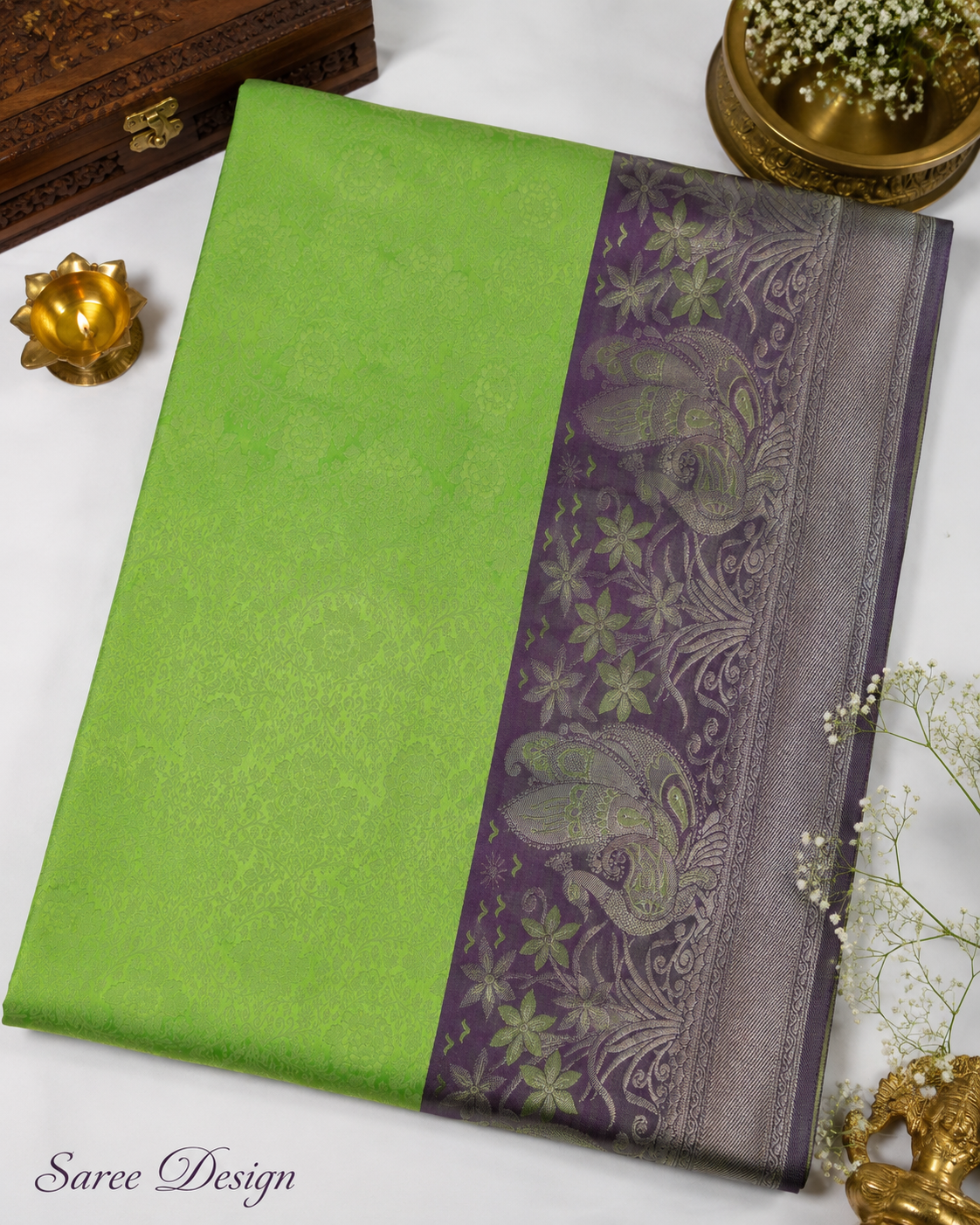 Leaf green Kanjivaram pure silk saree with gold zari — close-up detail 3 — Vasthara Boutique