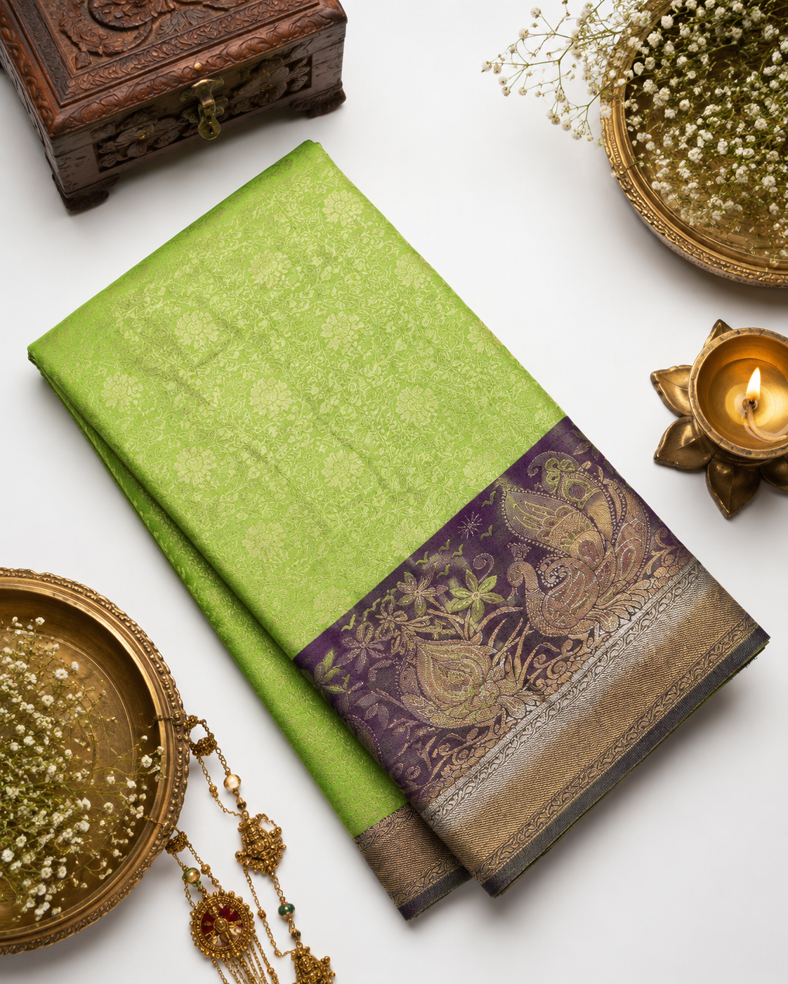 Leaf green Kanjivaram pure silk saree with gold zari — close-up detail 4 — Vasthara Boutique