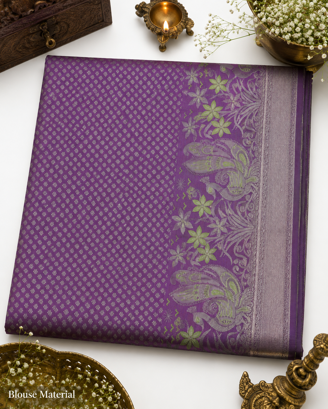 Leaf green Kanjivaram pure silk saree with gold zari — close-up detail 5 — Vasthara Boutique