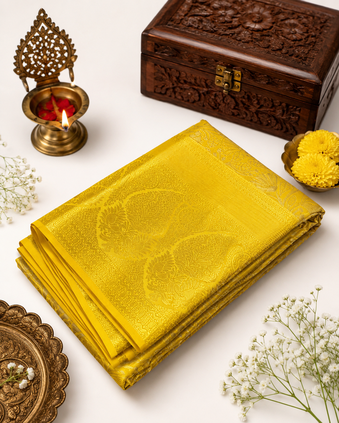 Yellow saree with floral patterns on a white surface with decorative items.