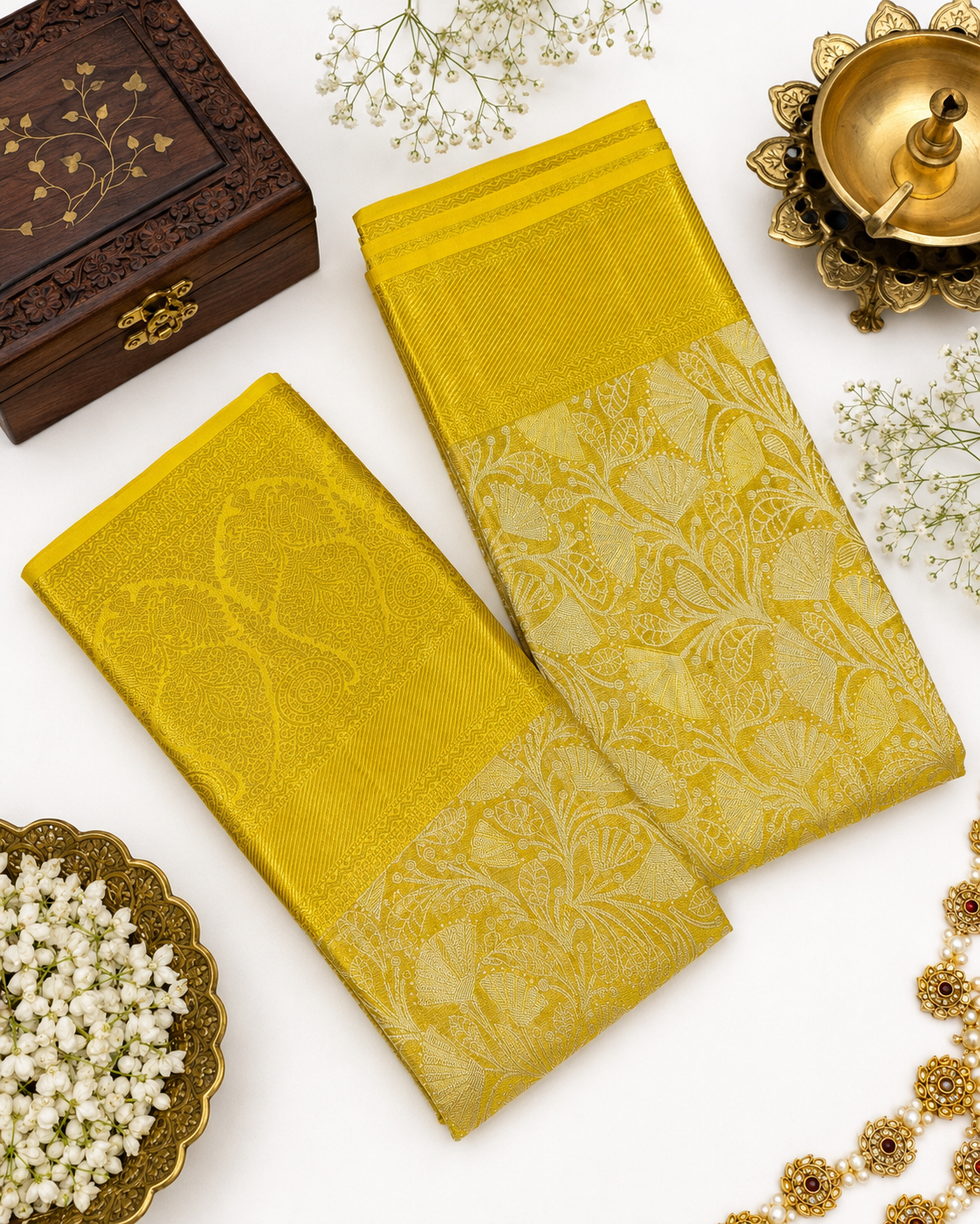 Two yellow sarees with floral patterns on a white background with decorative items.