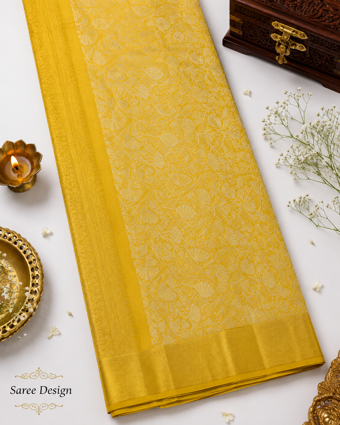 Yellow saree with floral patterns on a white surface with decorative items.
