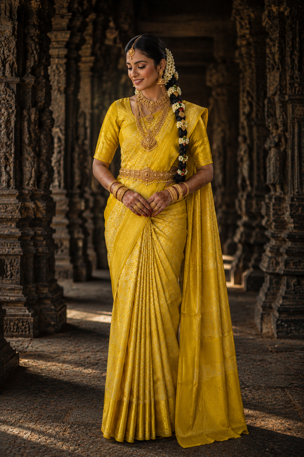 Woman in a yellow saree standing in an architectural setting