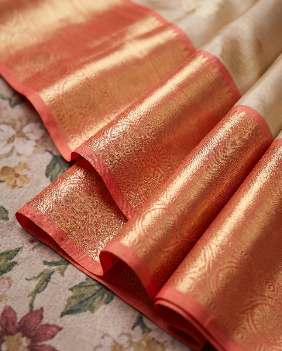 Cream Kanjivaram Silk Saree With Contrast Border And Pallu