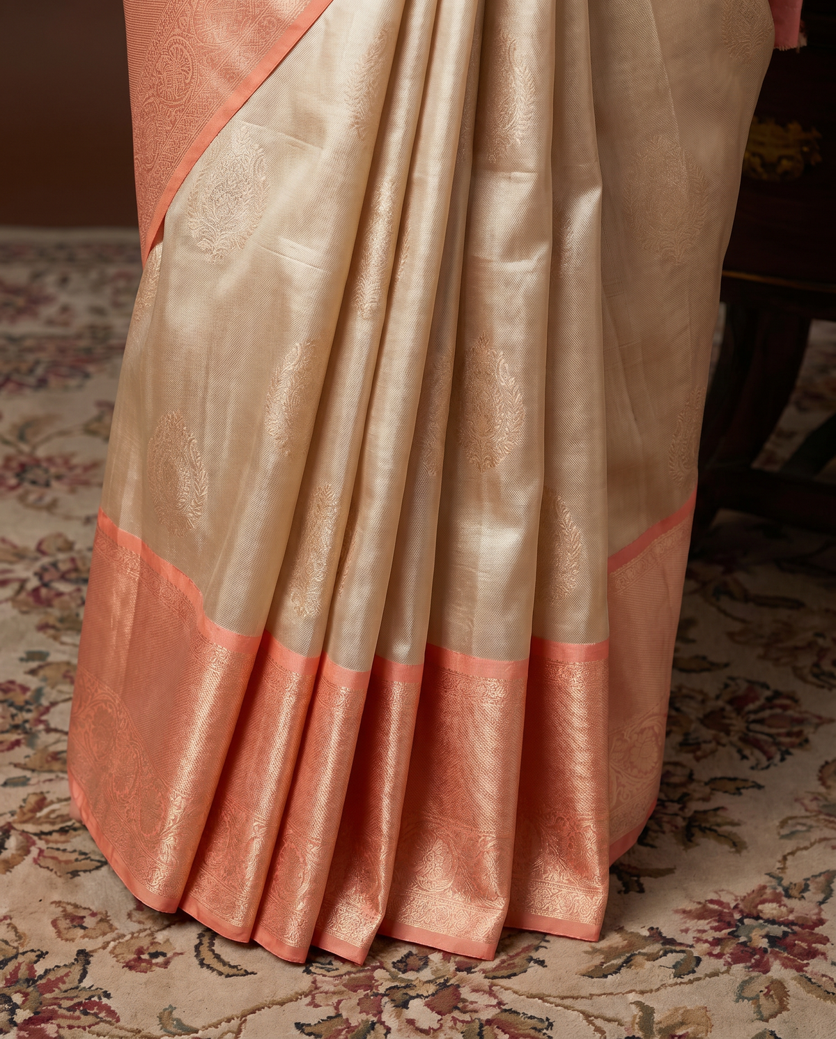 Cream Kanjivaram Silk Saree With Contrast Border And Pallu