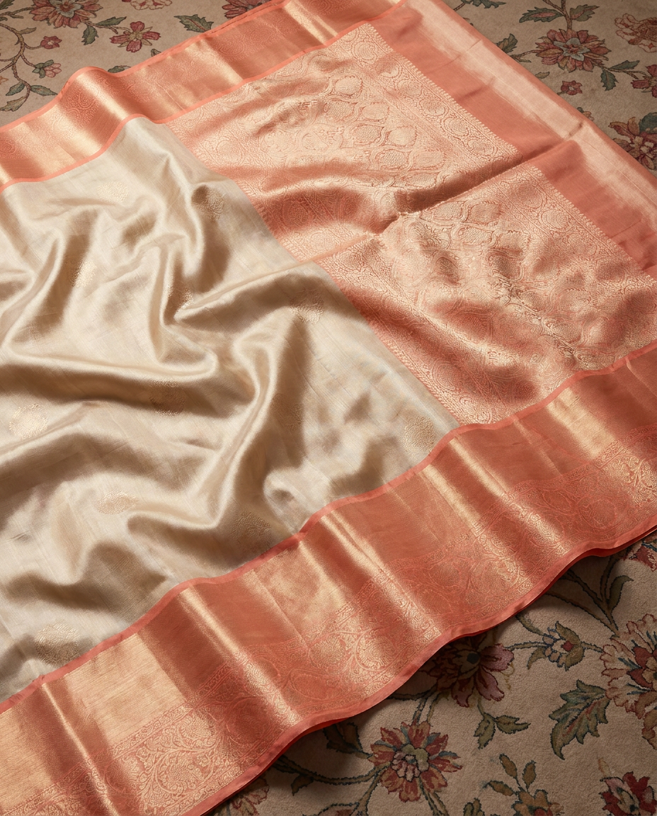 Cream Kanjivaram Silk Saree With Contrast Border And Pallu