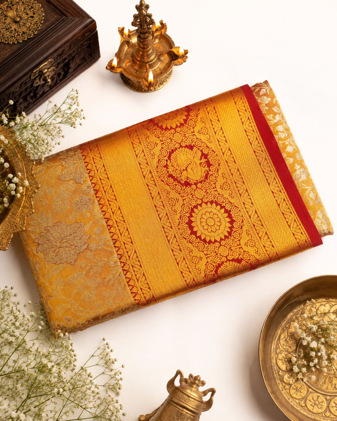 Marigold yellow Kanjivaram pure silk saree with gold zari — close-up detail 2 — Vasthara Boutique