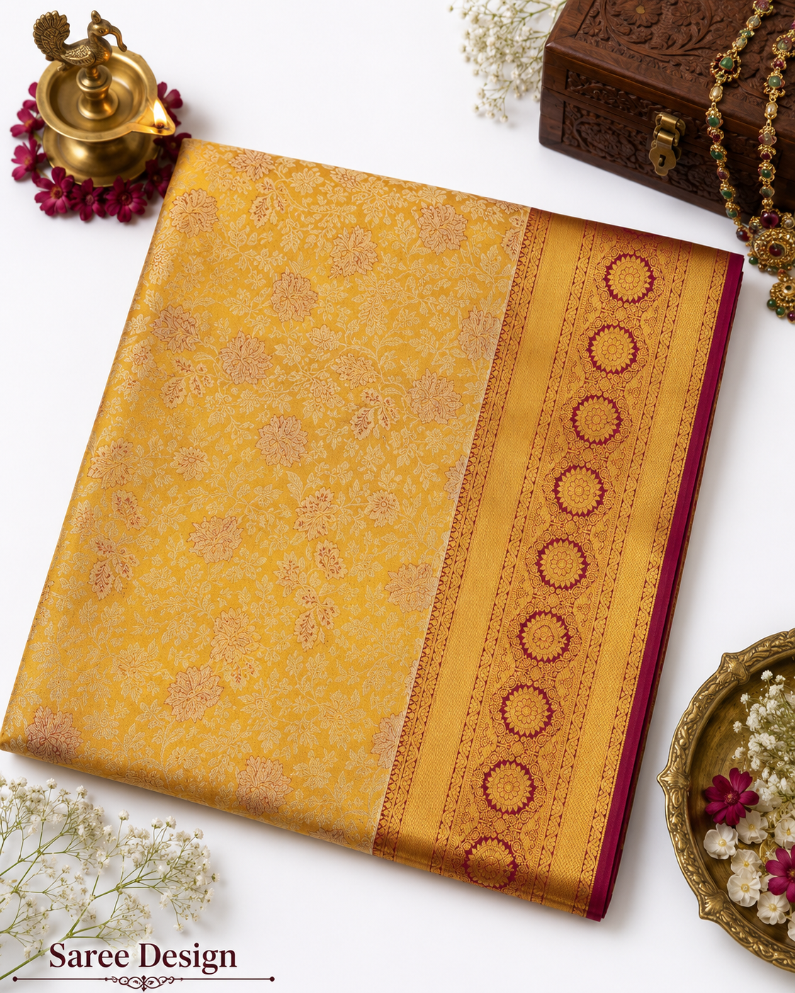 Marigold yellow Kanjivaram pure silk saree with gold zari — close-up detail 3 — Vasthara Boutique