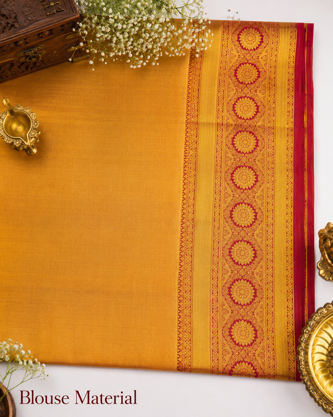 Marigold yellow Kanjivaram pure silk saree with gold zari — close-up detail 4 — Vasthara Boutique