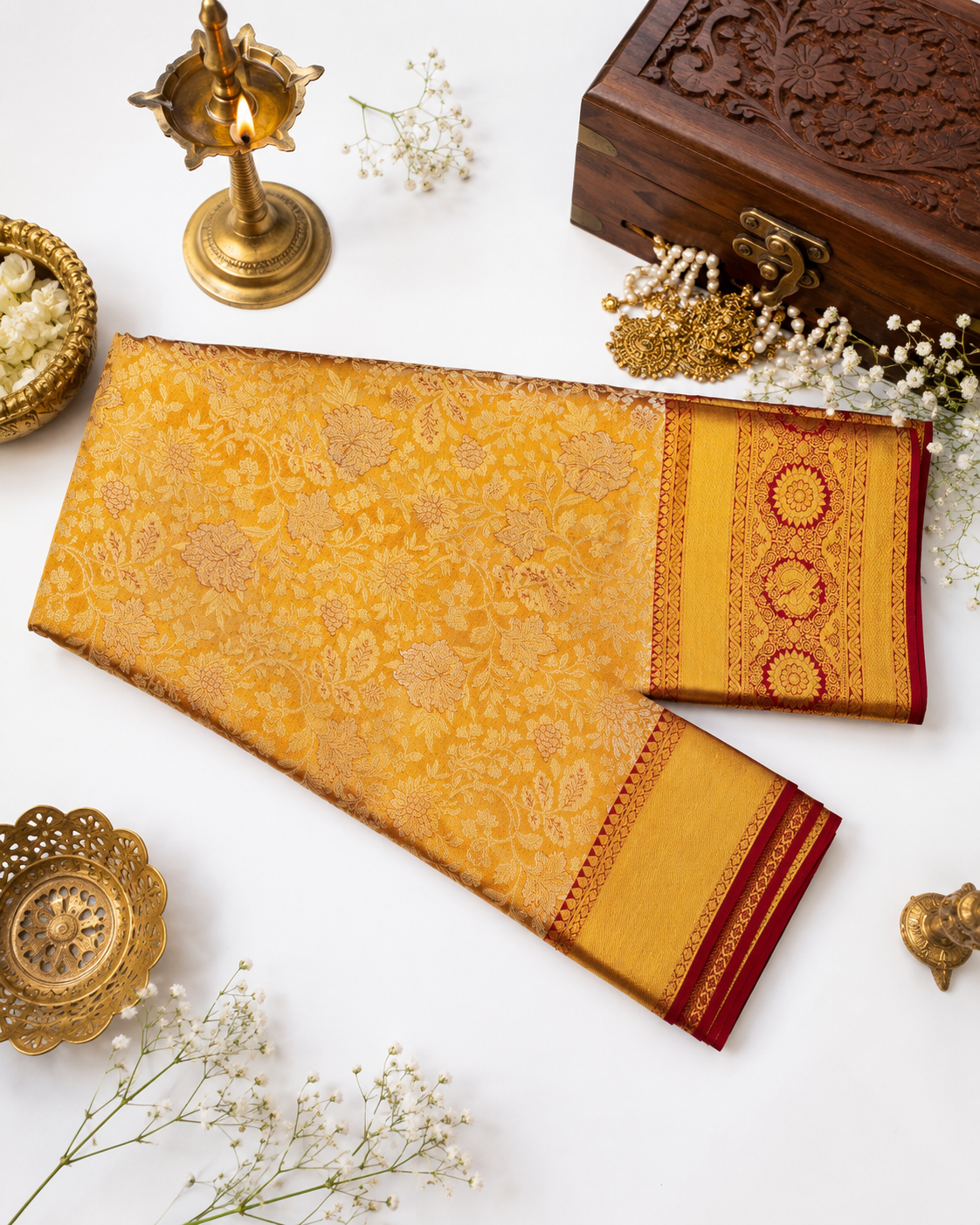 Marigold yellow Kanjivaram pure silk saree with gold zari — close-up detail 5 — Vasthara Boutique