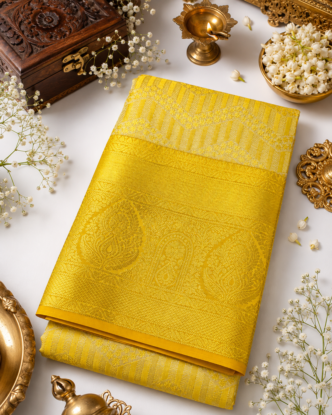 Yellow saree with intricate patterns on a white surface with decorative items.