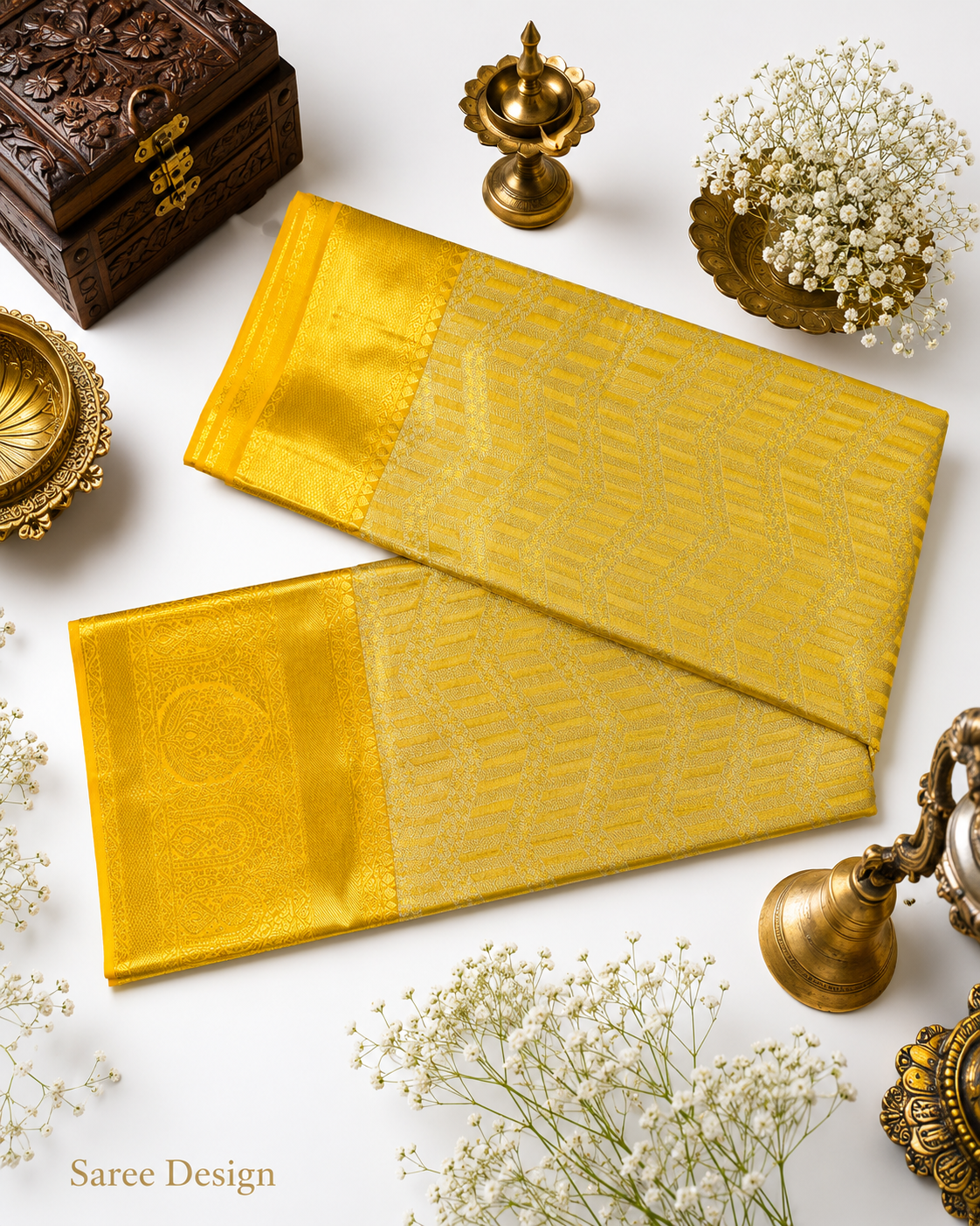 Yellow saree with decorative elements on a white background