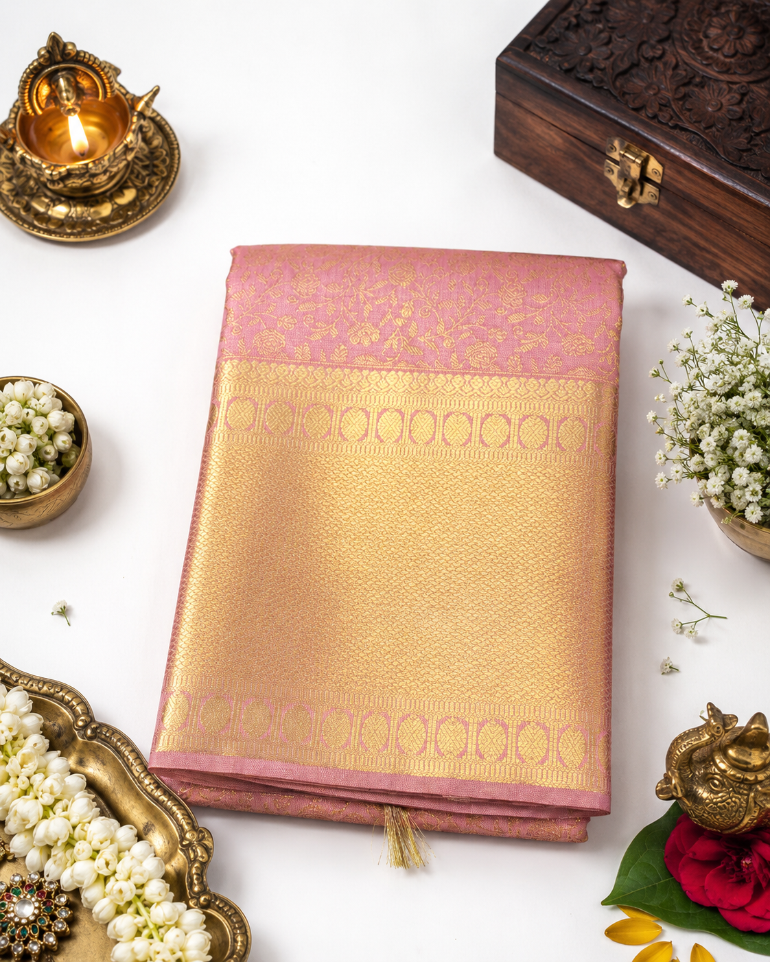 Pink and gold saree with decorative items on a white background