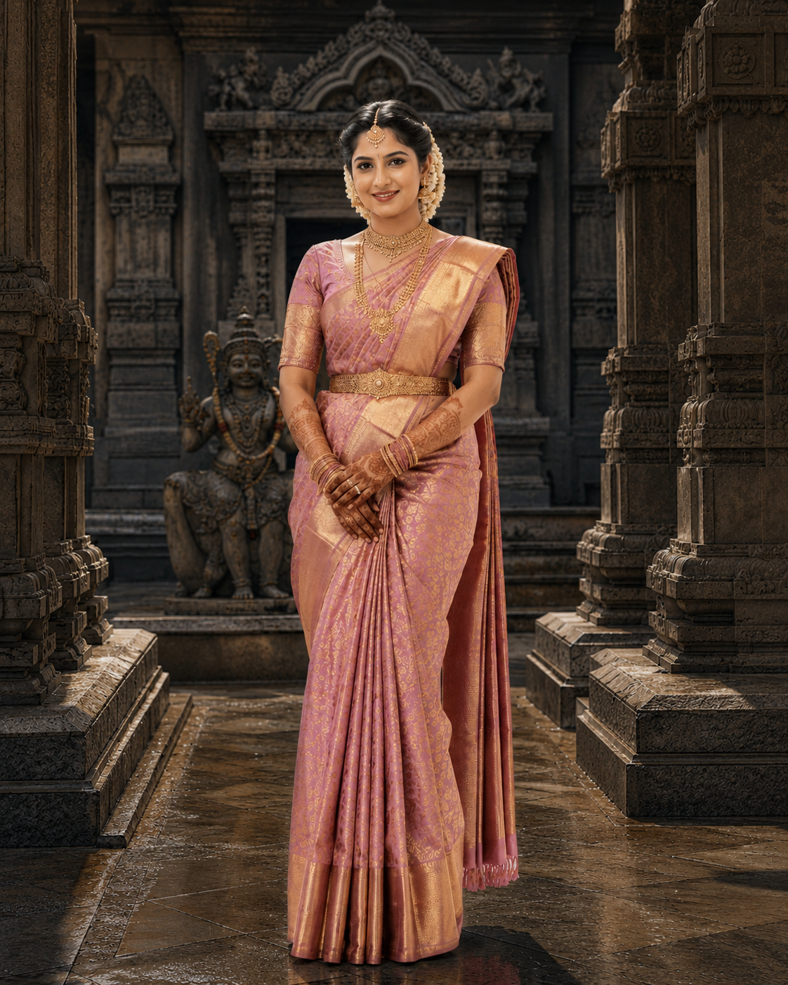 Woman in a traditional pink saree standing in an ornate temple setting