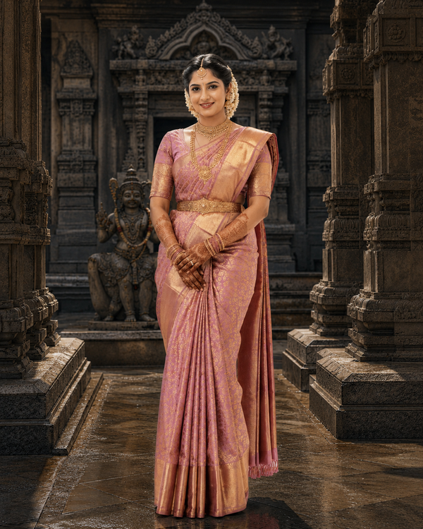 Woman in a traditional pink saree standing in an ornate temple setting