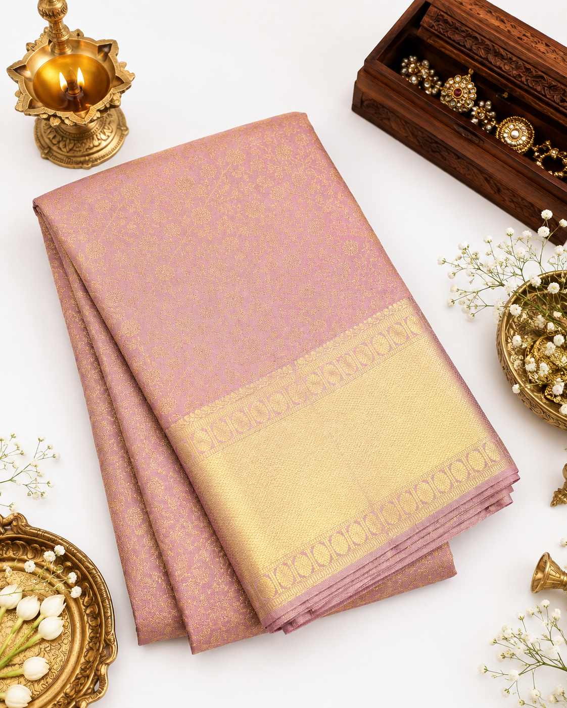 Pink and gold saree with decorative items on a white background