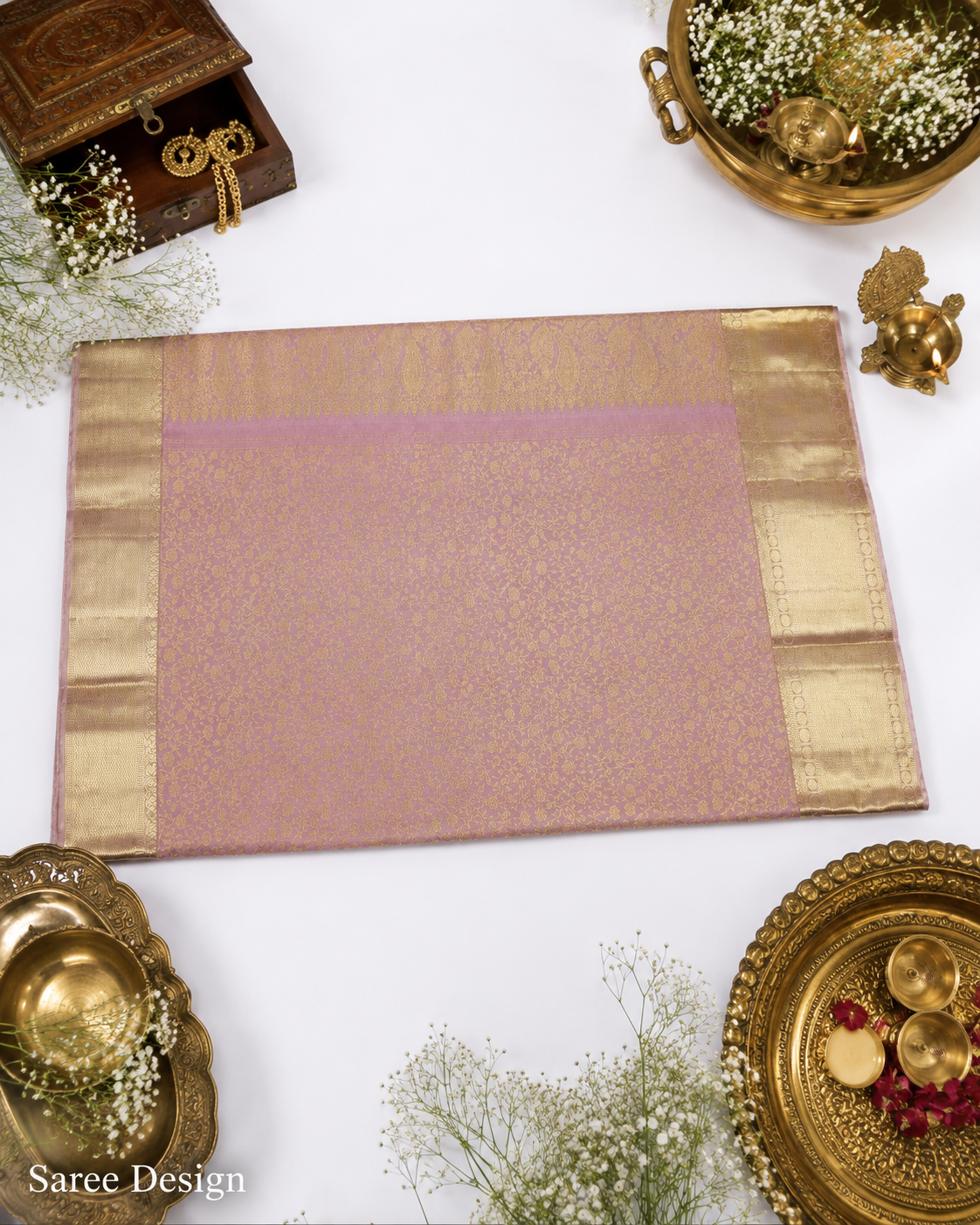 Saree with gold border on a white background